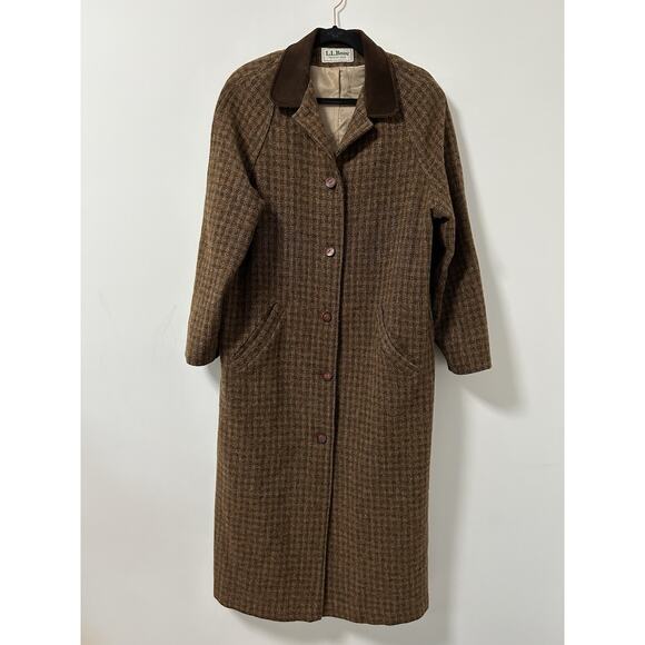 Vintage L.L. Bean Trench Coat Women’s Medium Brown Check Lined Wool Tweed - Picture 1 of 12
